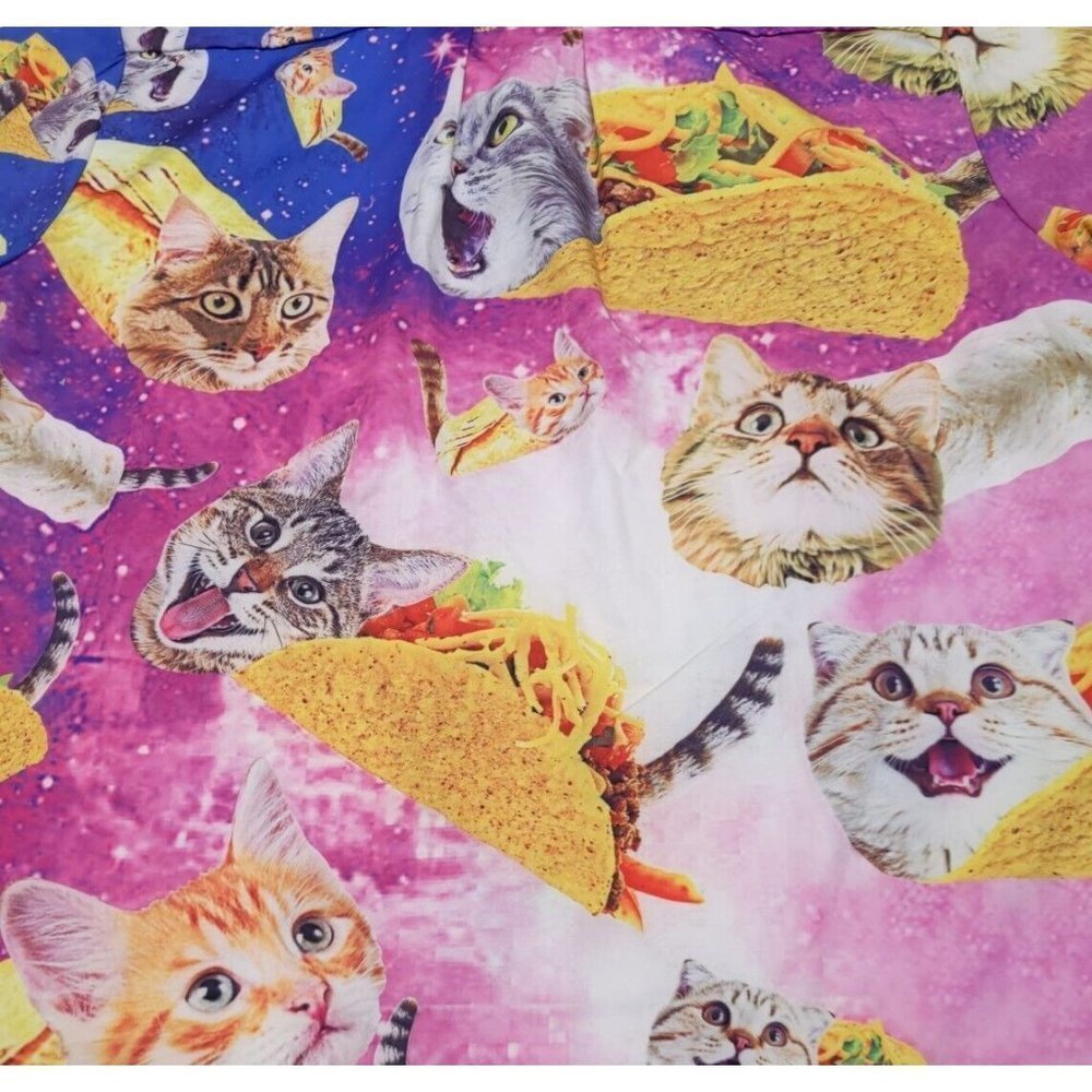 Novelty Cat & Taco Print Short Sleeve Button-Down Shirt - Pink/Blue - Picture 11 of 14